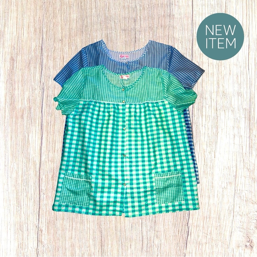 Tati Smock Shirt Blue /Green White XL Short Sleeve Checkered NWOT